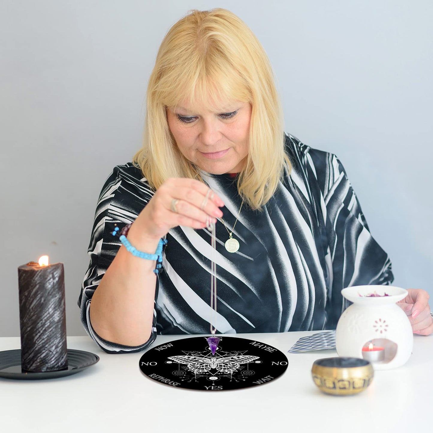 Blulu Pendulum Board Set — Butterfly Pattern Wooden Dowsing Board + Amethyst Necklace