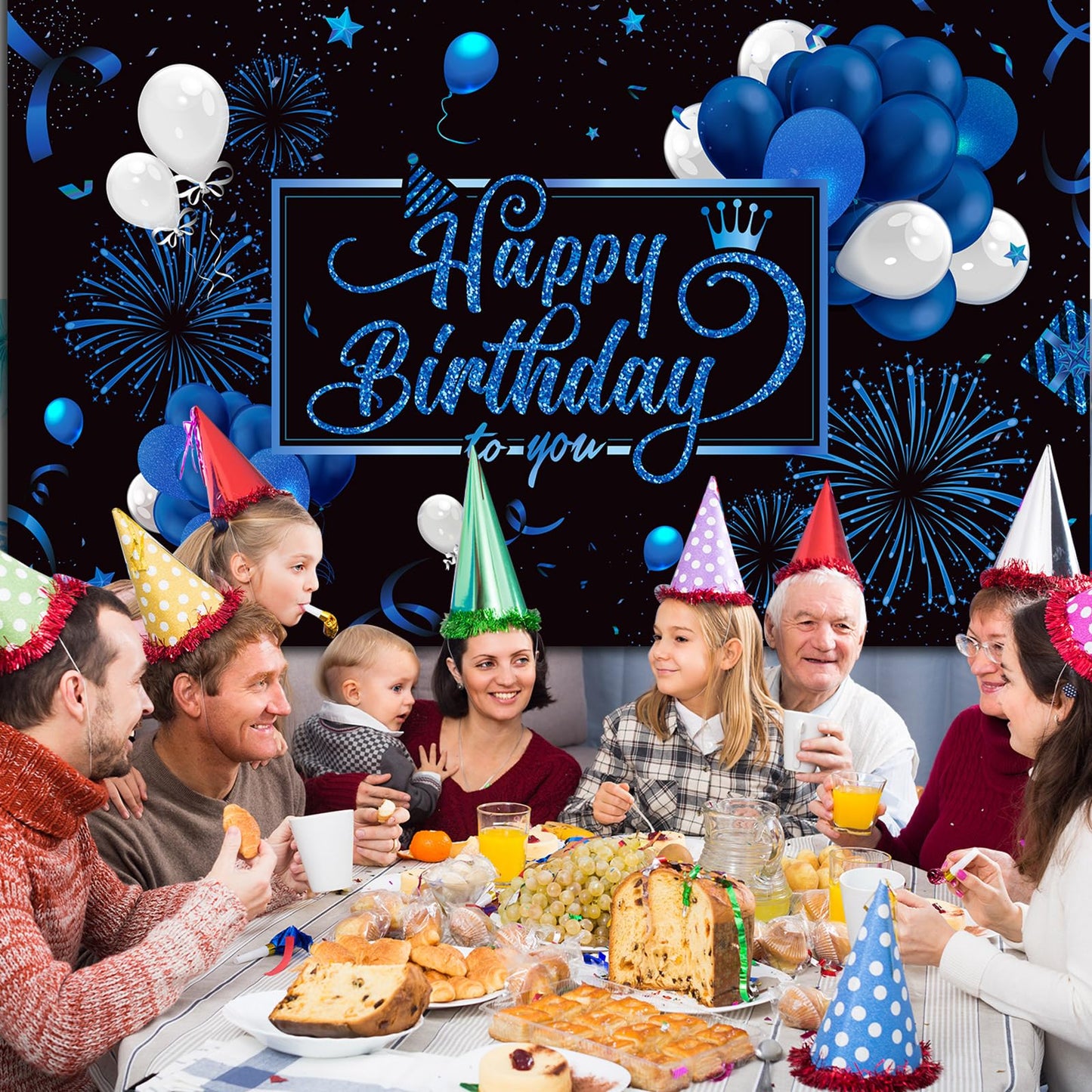 Blulu Happy Birthday Backdrop Banner – Large Blue Fabric with Glitter Balloons & Fireworks, 72.8 x 43.3 in