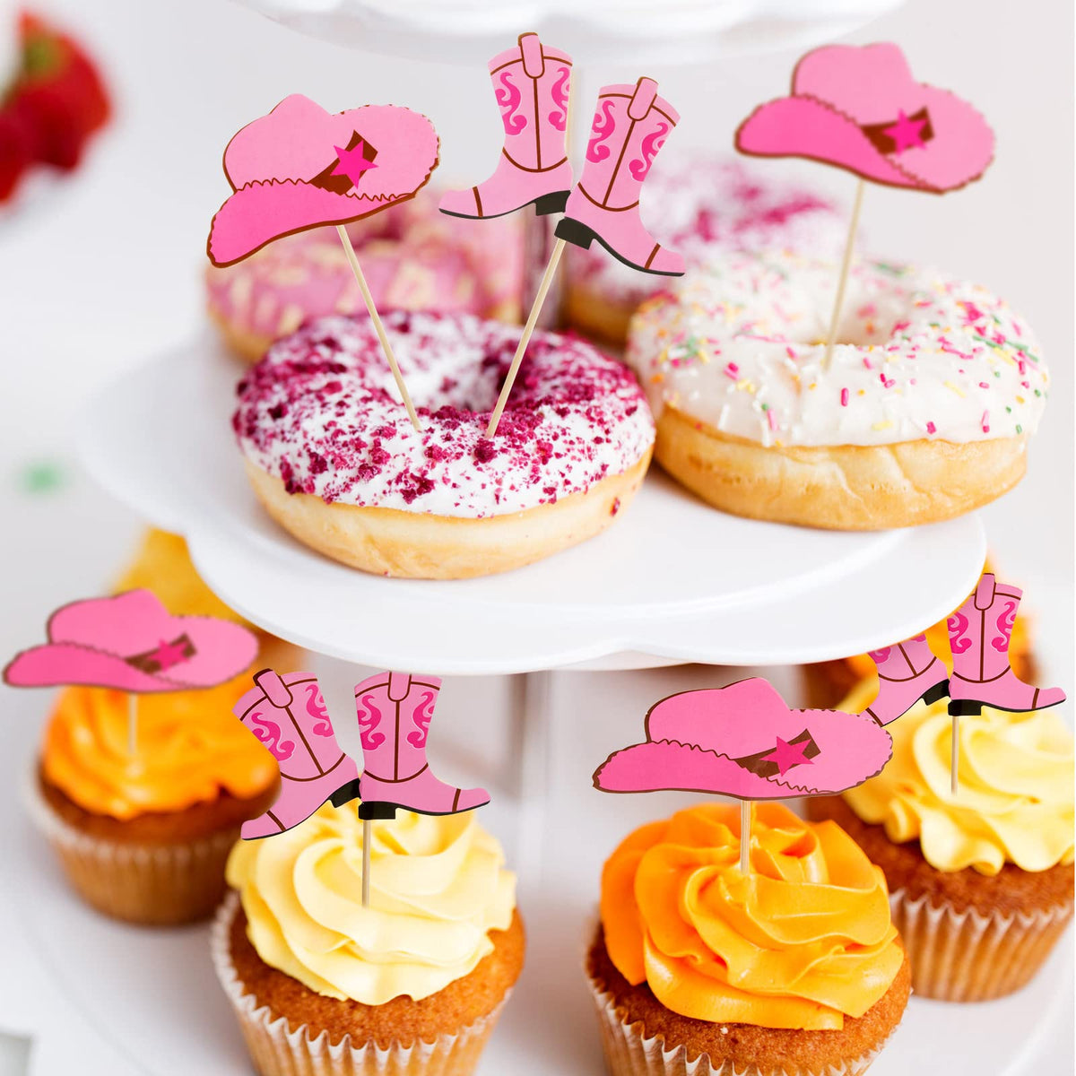 Blulu 60Pcs Cowboy Hat & Boot Cupcake Toppers - Pink Western Party Decor