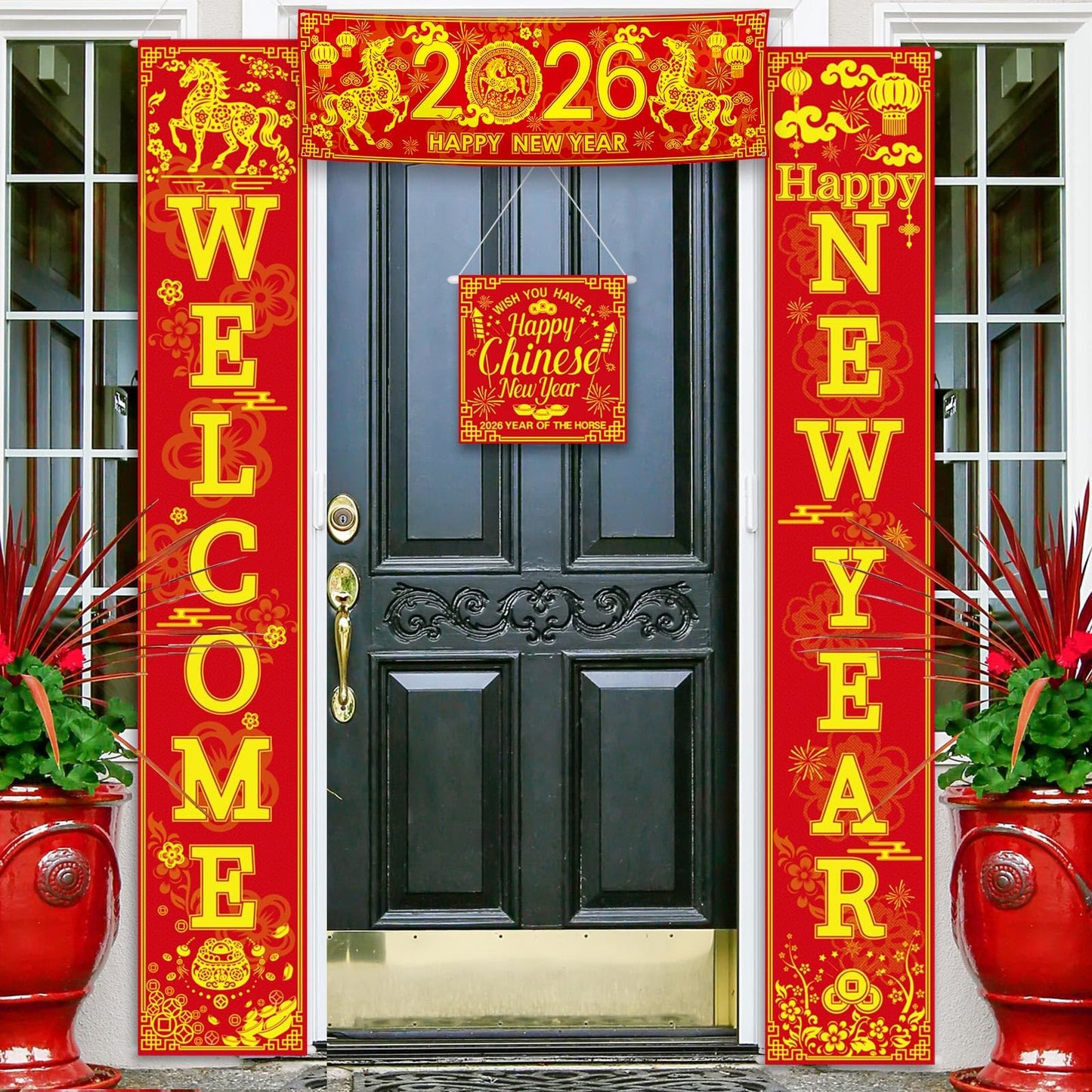 Blulu 4 Pcs Chinese New Year Decorations 2026 Year of the Horse – Welcome Porch Sign Set