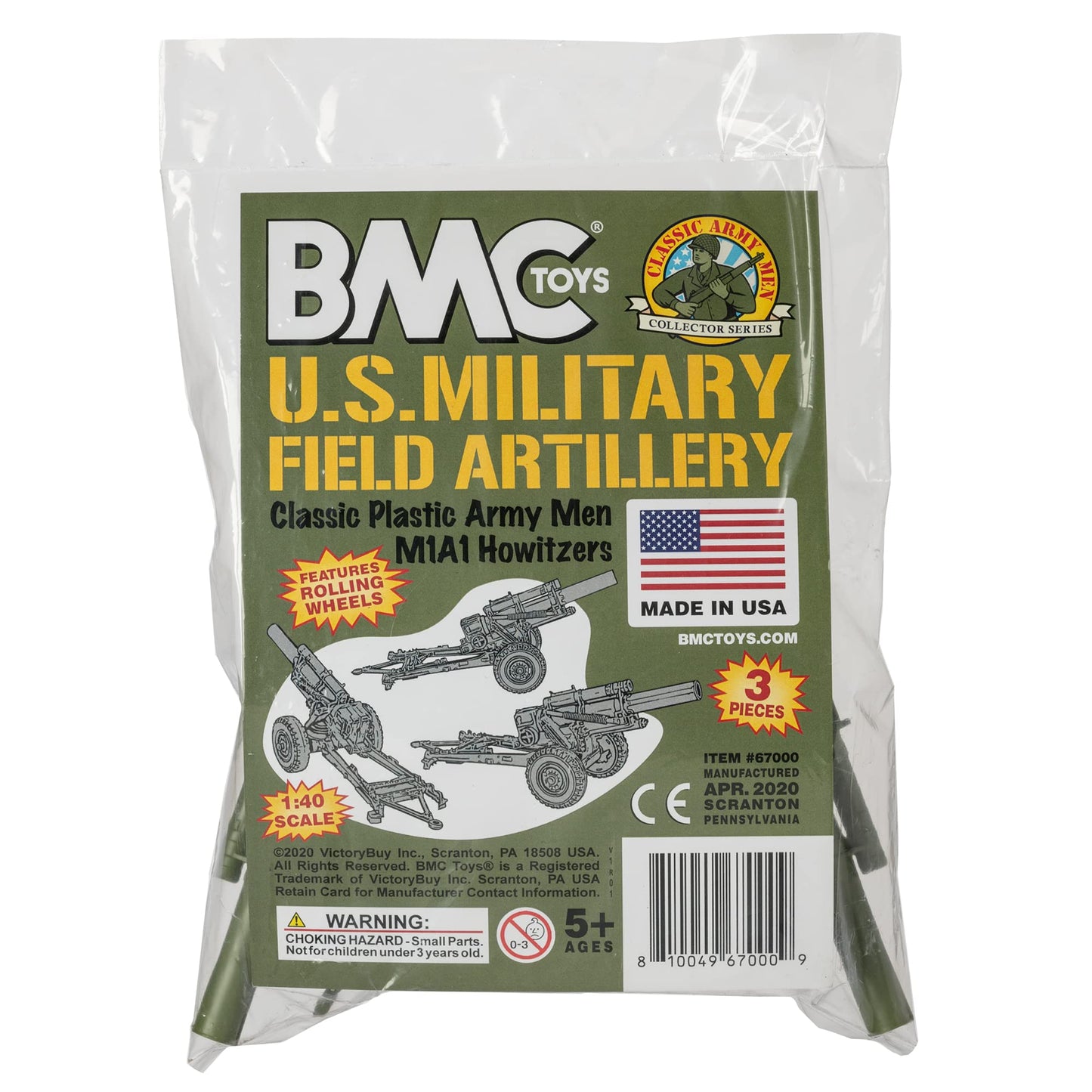 BMC Toys Classic Marx US Howitzers OD Green 3pc Field Artillery