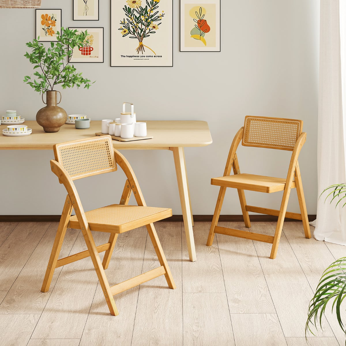 Boho Accent Rattan Cane Folding Chairs Set of 4 Bamboo Dining Chairs