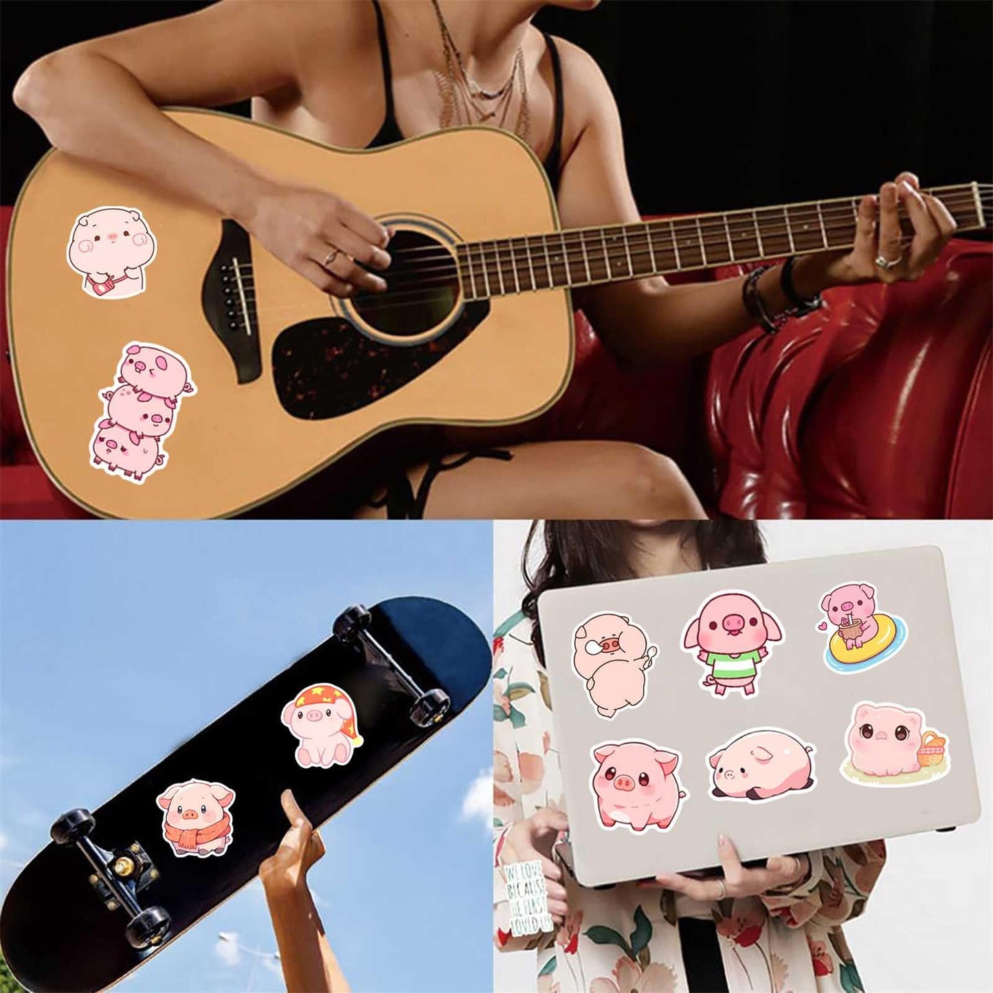 Booppyy Pink Pig Stickers – 50 Waterproof Cartoon Vinyl Decals