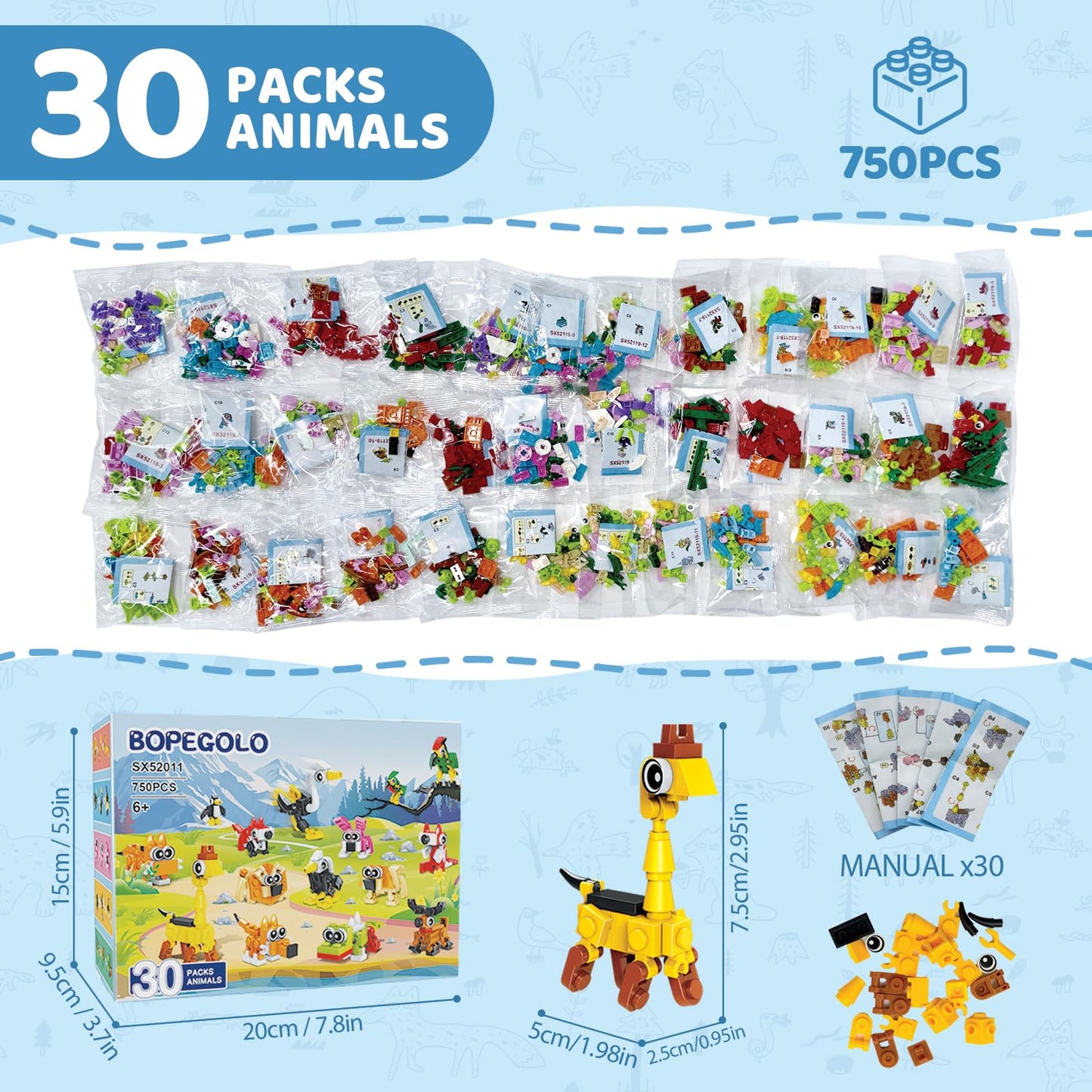 BOPEGOLO 30-Pack Valentines Party Favors: 750-Piece Mini Animal 3-in-1 Building Sets for Kids, Classroom Goodie Bags, Ages 6+