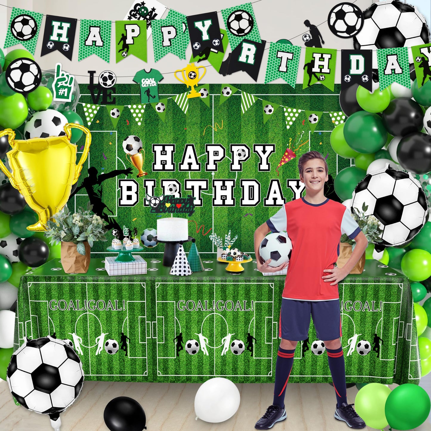 BORAMDO Soccer Birthday Party Decorations Kit – 87 Pcs Balloons, Backdrop, Banner
