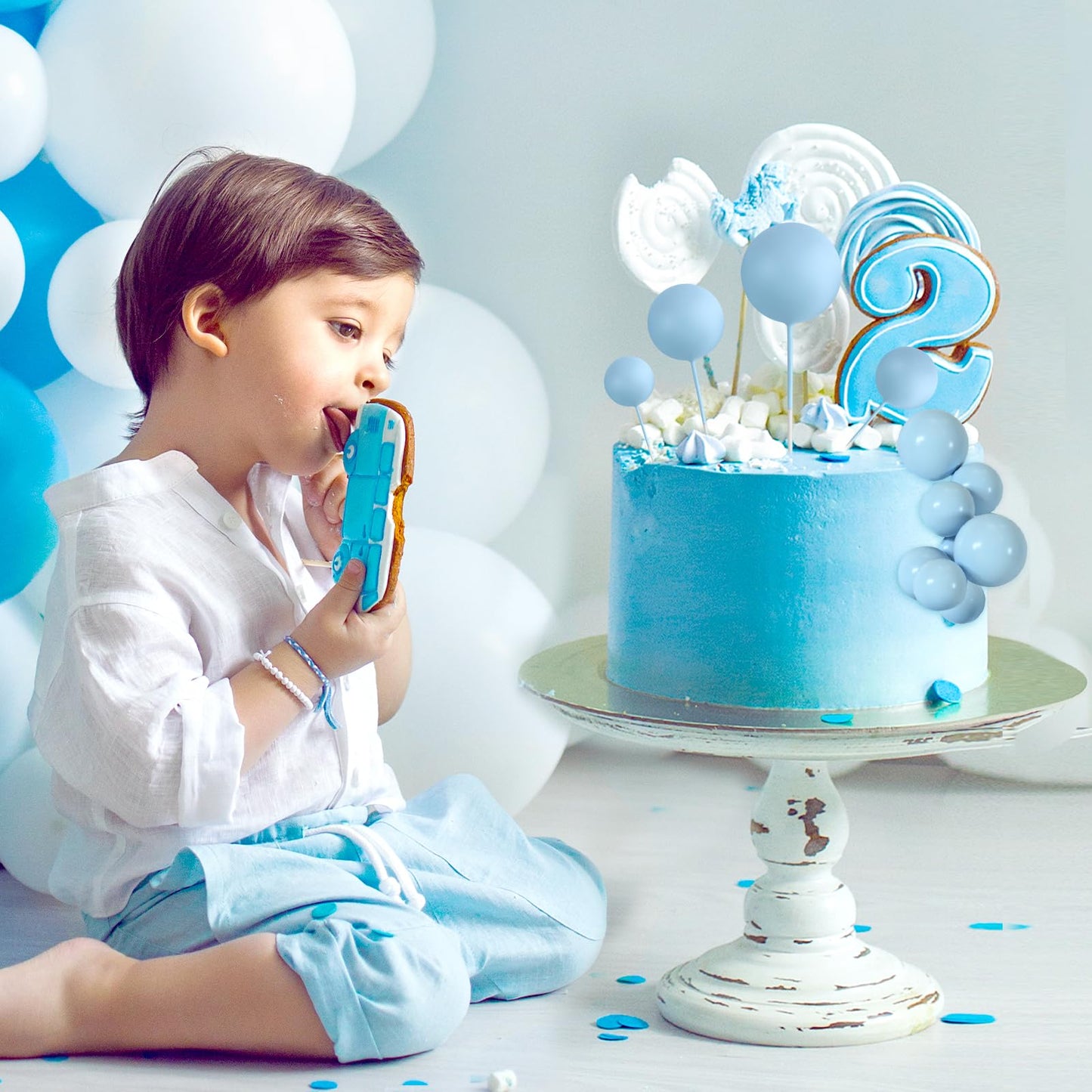 BOUBONI 48 Pcs Light Blue Ball Cake Topper Decorations – Foam Ball Toppers for Cakes, Cupcakes, Birthday & Wedding