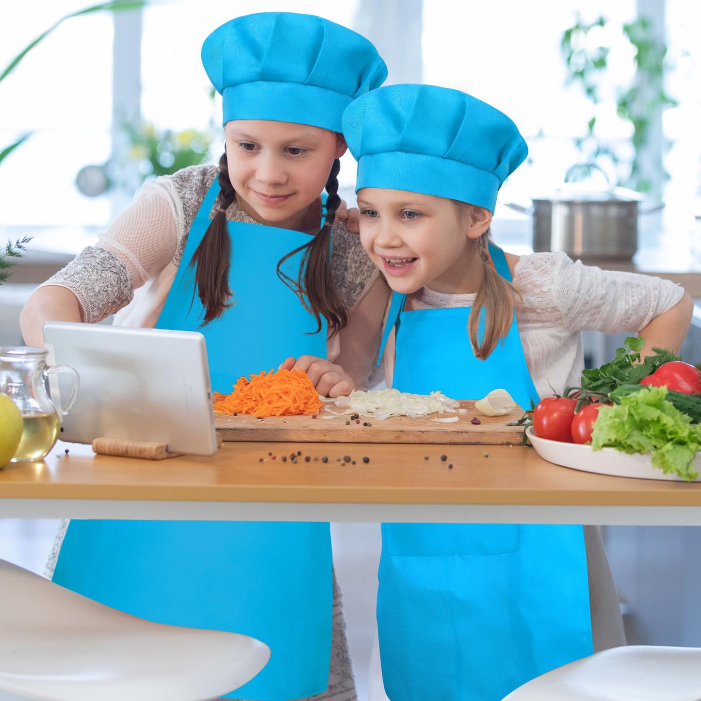 Bouiexye 1 Set Kids Apron & Chef Hat (Blue) — Adjustable, 2 Pockets for Cooking, Painting & Crafts