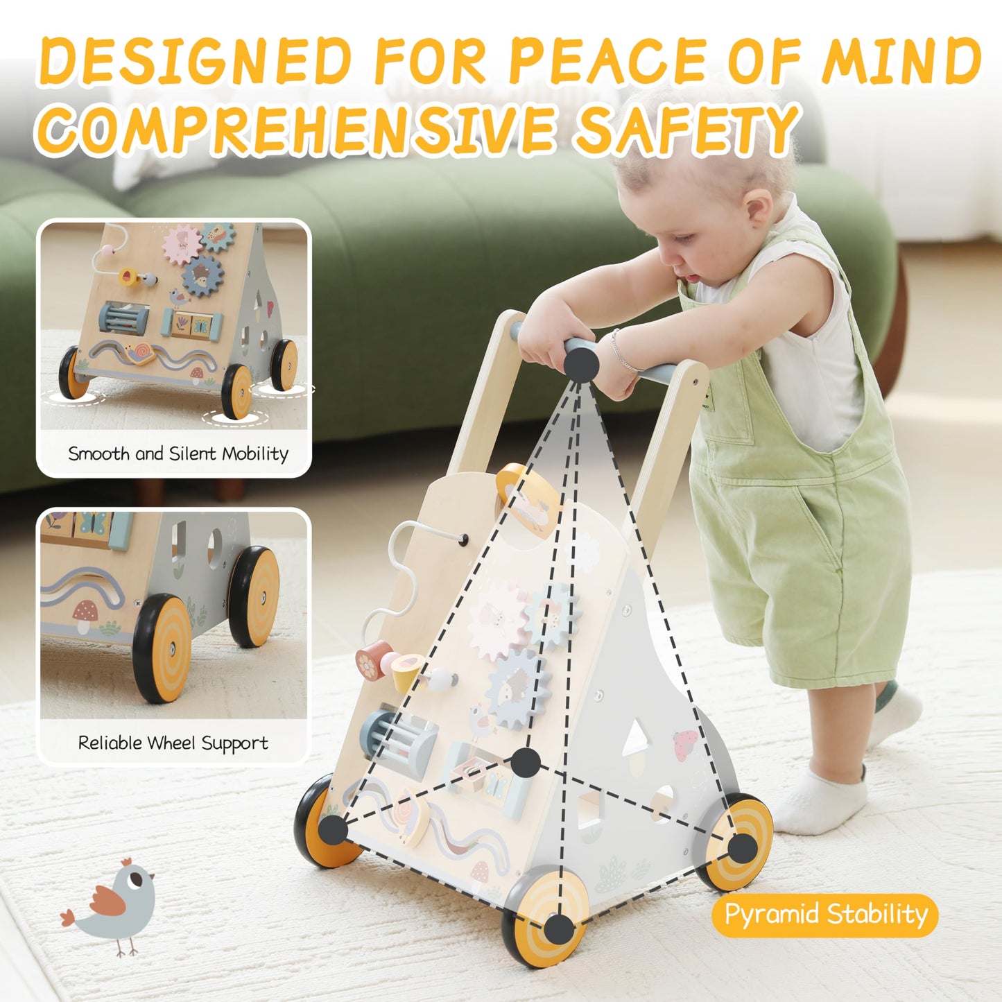 Wooden Baby Walker with Adjustable Height | bpmfkid Montessori Push Toy for Toddlers (1-3 Years)