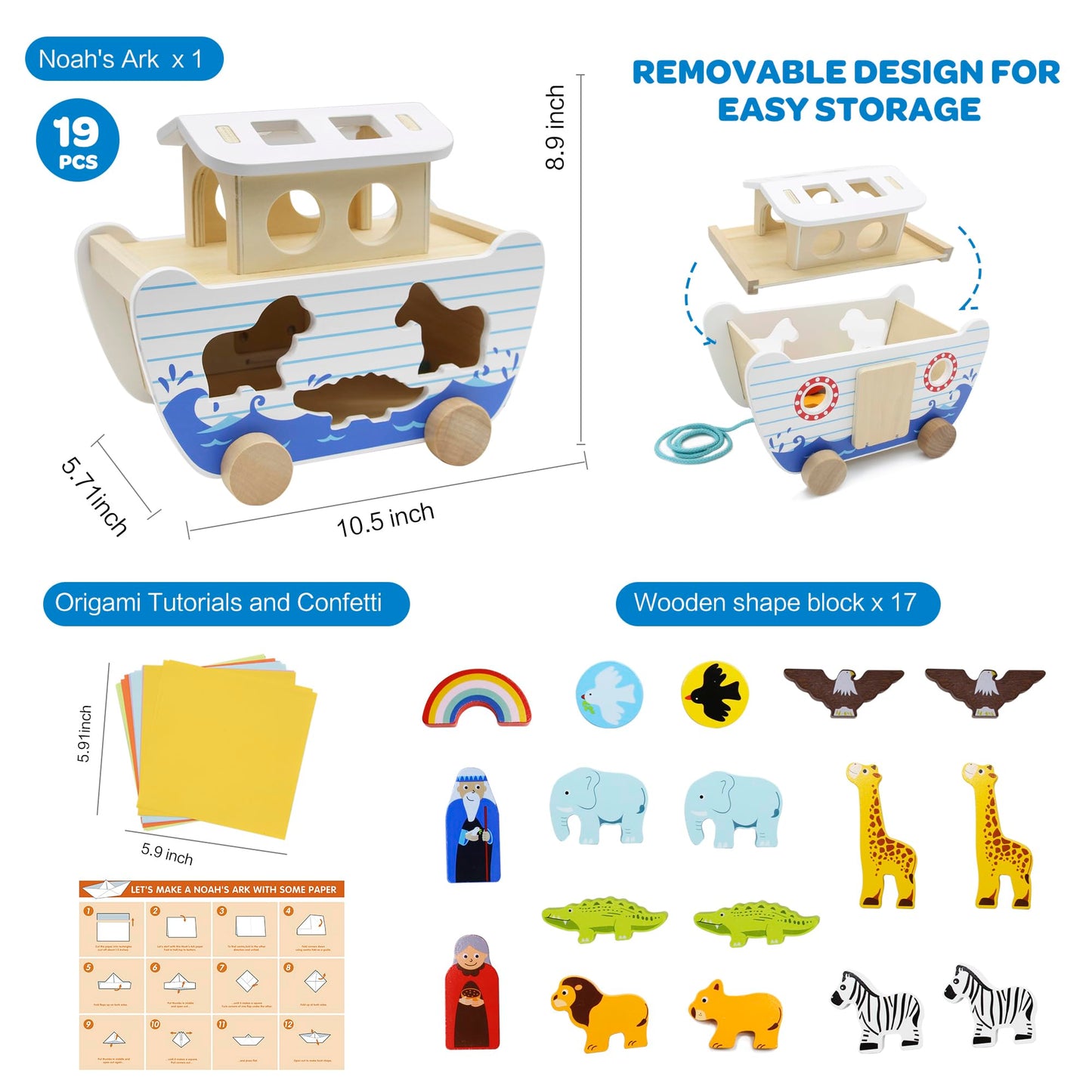 bpmfkid Noah's Ark Wooden Toy Set | Montessori Shape Sorter & Bible Story Play for Toddlers