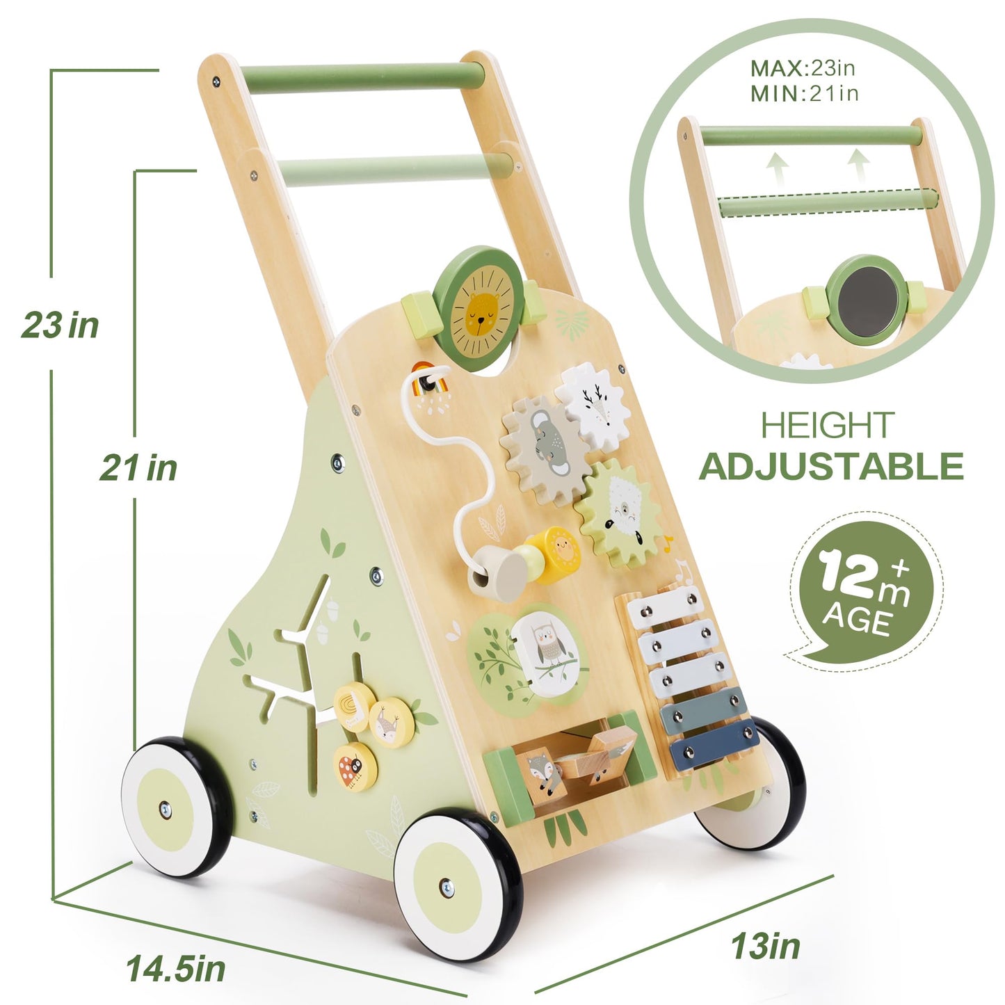 bpmfkid Wooden Baby Push Walker & Toddler Learning Toy — Multi-Activity for Ages 1-3