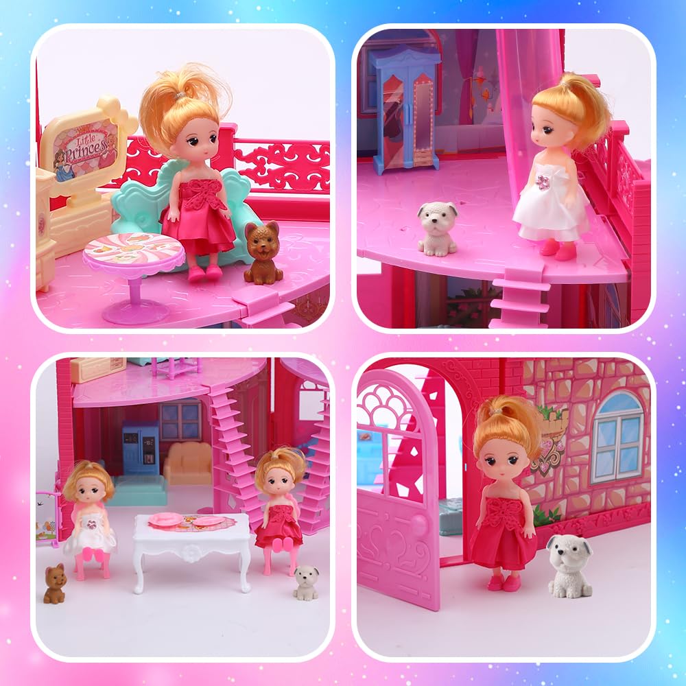 BRAITEN Doll House – 4 Rooms, 2 Dolls, Lights, Portable Playset