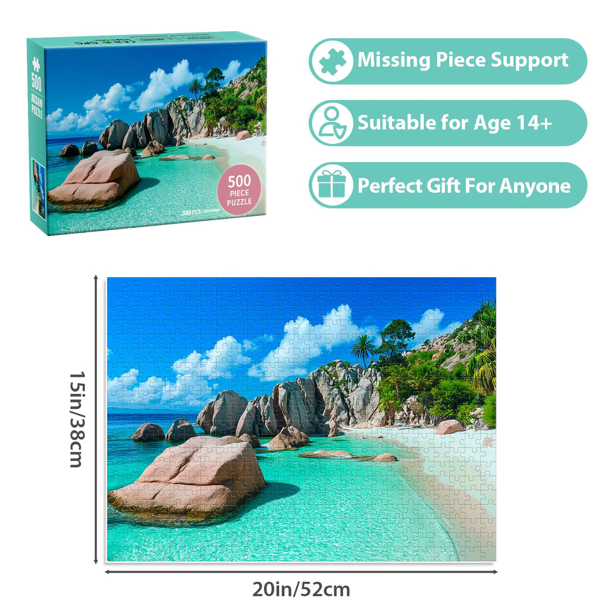 BraniacBits 500 Piece Puzzles for Adults – Beach Landscape Jigsaw, Recycled Cardboard, 20.5 x 15 in