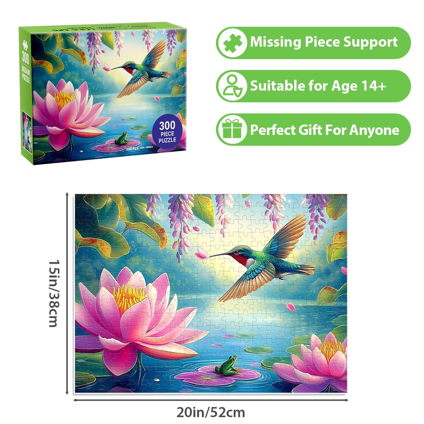 BraniacBits 300 Piece Humbird Flower Lake Puzzle – Recycled Cardboard, Non-Toxic Ink