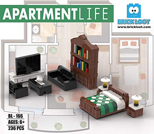 Brick Loot 236-Piece LEGO-Compatible Minifigure City Furniture Set – Sofa, Bed, TV, Bookshelf for Adults & Kids 6+