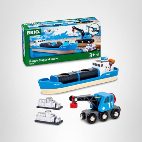 BRIO World 33534 Container Ship & Crane Wagon – 4-Piece Toddler Train Set (Ages 3+)