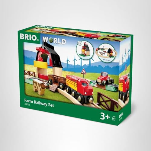 BRIO World Farm Railway Set — 20-Piece FSC-Certified Wooden Train Set with Barn, Tractor, Crane