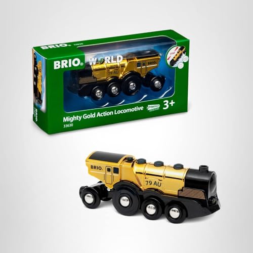 BRIO World Mighty Golden Action Locomotive — Battery-Operated Train for Wooden Tracks