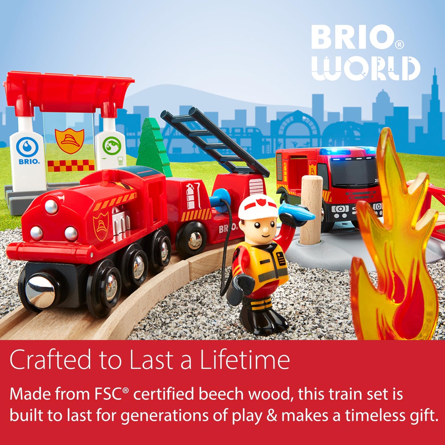 BRIO World Rescue Firefighter Set - 18-Piece FSC-Certified Wood Train Set with Lights & Sound