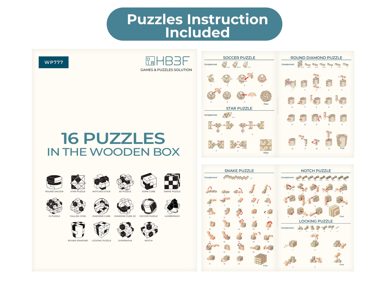 BSIRI 16 in 1 Wooden Brain Teaser Puzzles – Interlocking 3D Mind Games for All Ages