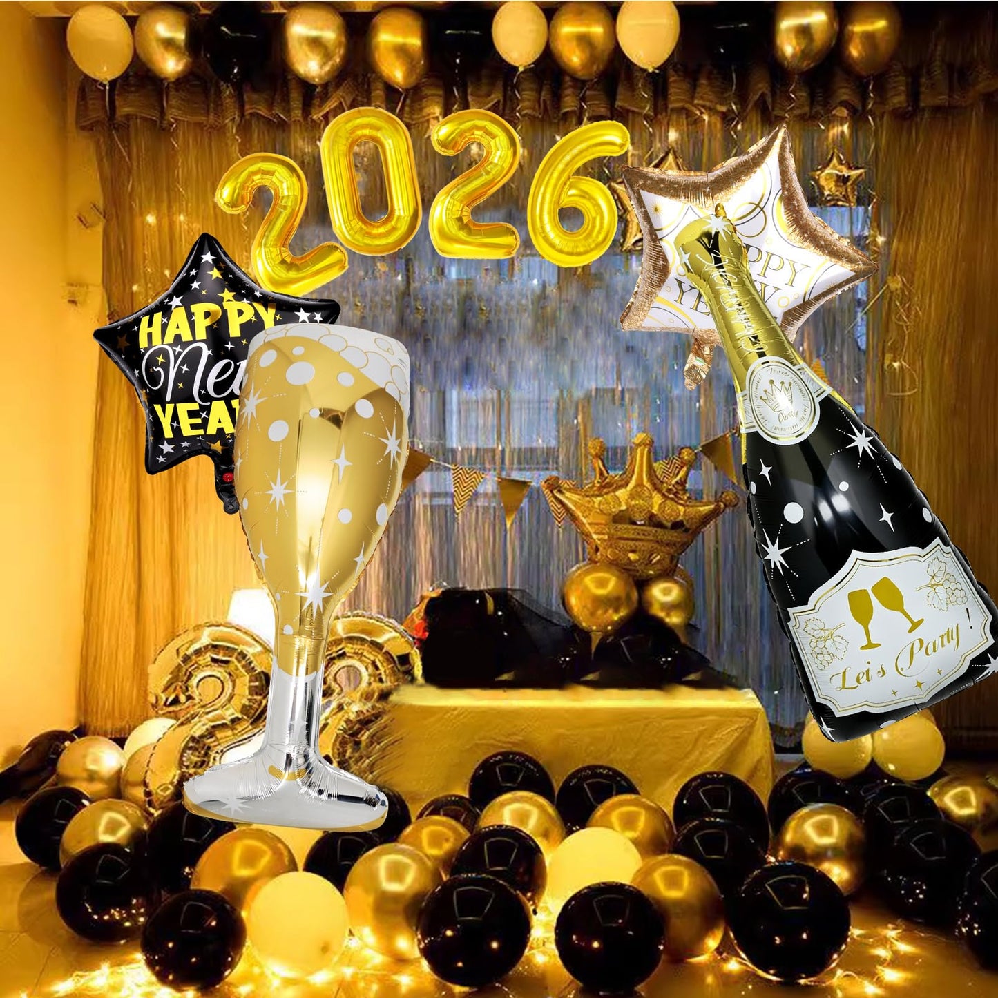 BSRESIN 4-Pack Black Gold Champagne Balloons – Bottle & Goblet Foil Decor