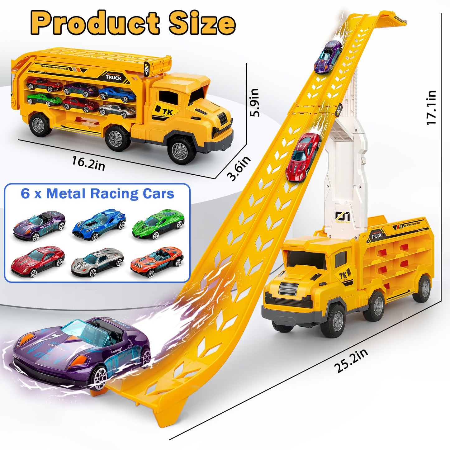BSTOYDER Kids Carrier Truck with Foldable 2-Layer Race Track – 6 Cars, 46-Inch Track (Yellow)