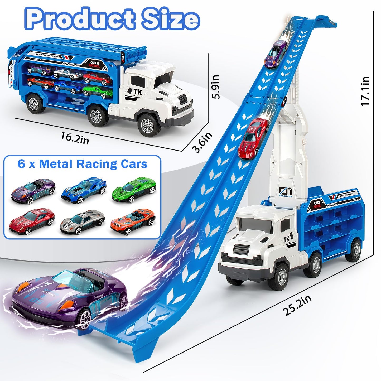 Bstoyder Kids Car Carrier Truck Playset — Foldable 2-Layer Race Track, 6 Metal Cars