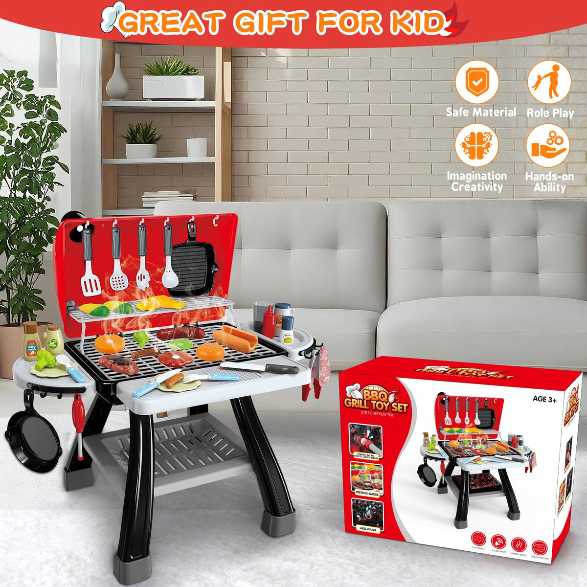 BSTOYDER Kids Play Kitchen Grill Set – 2-Layer BBQ with Smoke, Sound & Light (Ages 3-5)