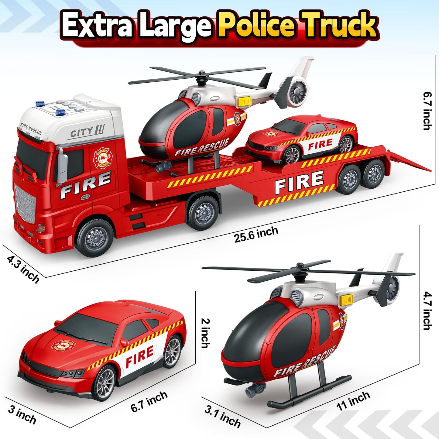 Bstoyder 25-Inch 3-in-1 Fire Truck Toy with Helicopter & Racing Car