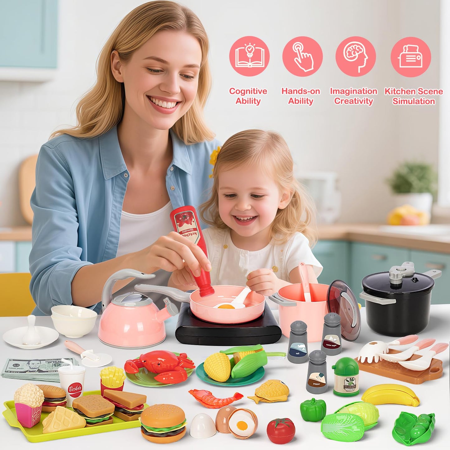 Bstoyder 168-Pcs Kids Play Kitchen Set with Induction Cooktop – Pretend Cooking & Money Play