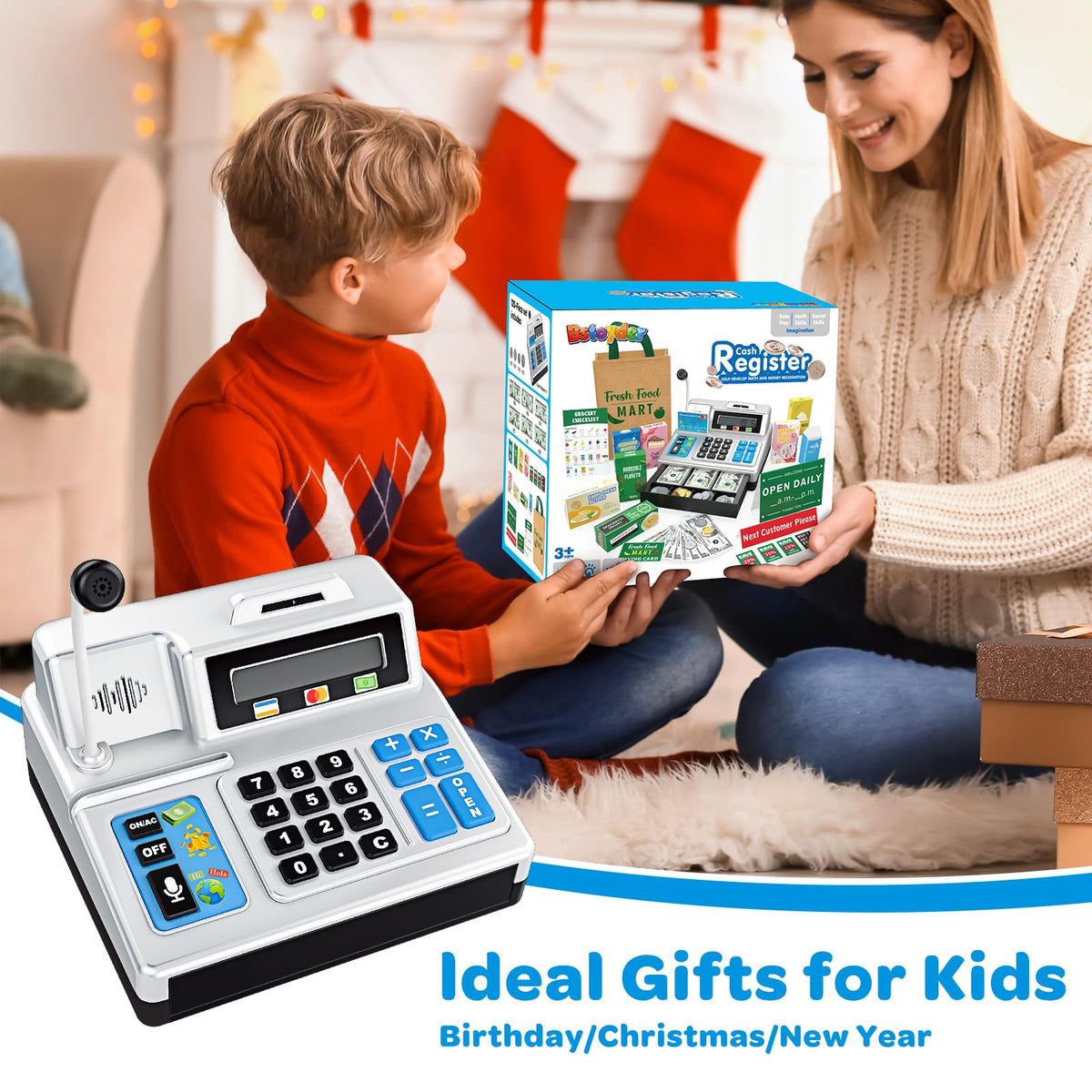 Bstoyder Calculator Cash Register Toy – 120-Piece Grocery Store Playset for Kids 3-8 (Silvery)