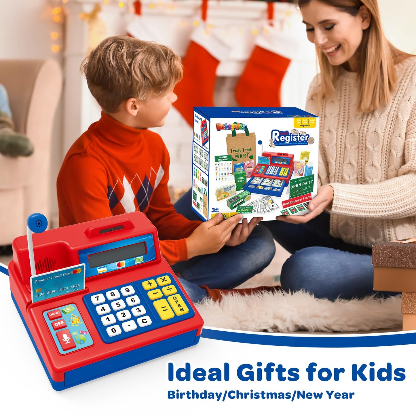 Bstoyder Calculator Cash Register Toy – 120-Piece Grocery Store Playset for Kids Aged 3-8