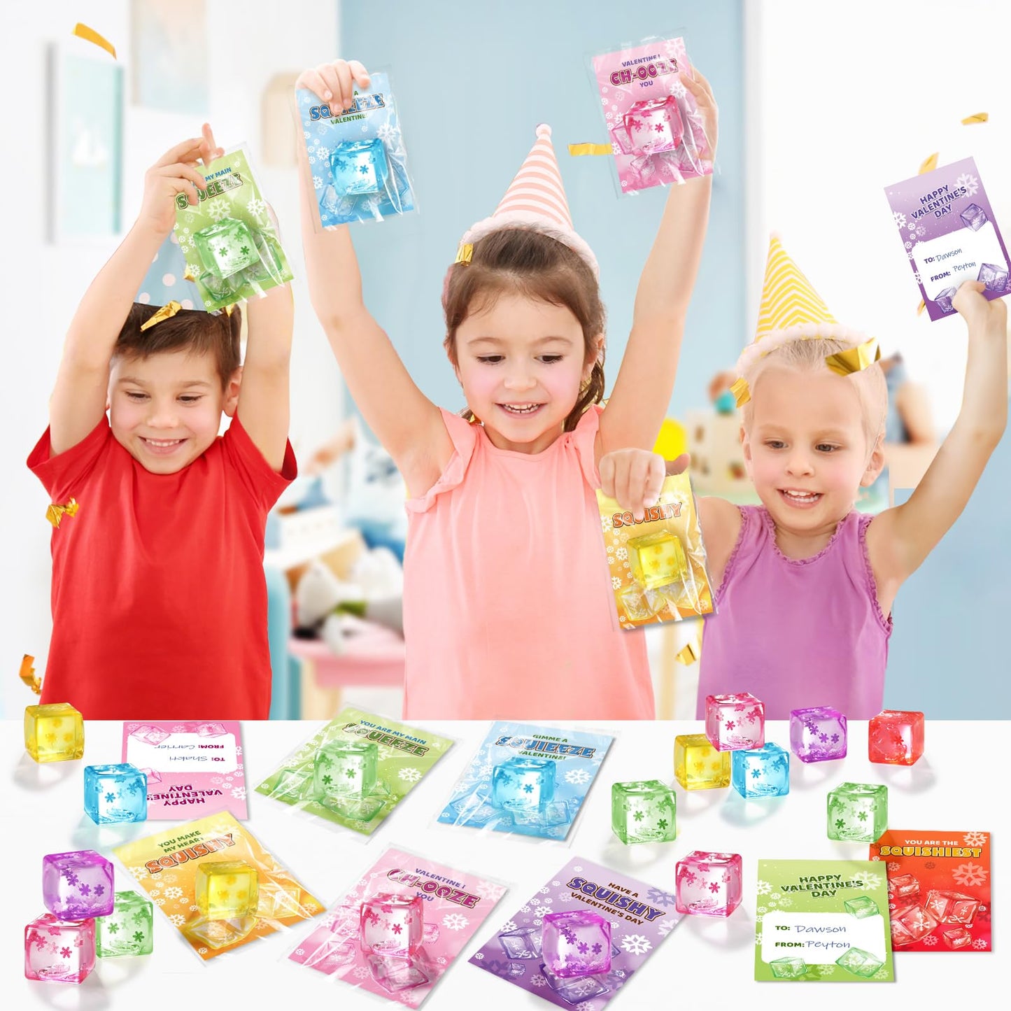 Bstoyder Valentine's Day Cards & Snow Cube Squeeze Balls — 24 Pack for Kids