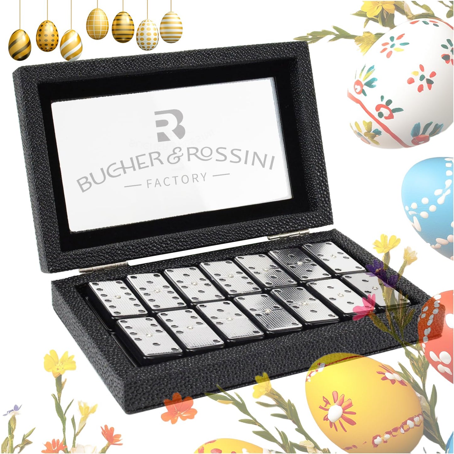 Bucher&Rossini Metal Surface Dominoes Set Double 6 – Black Tiles with Leather Case