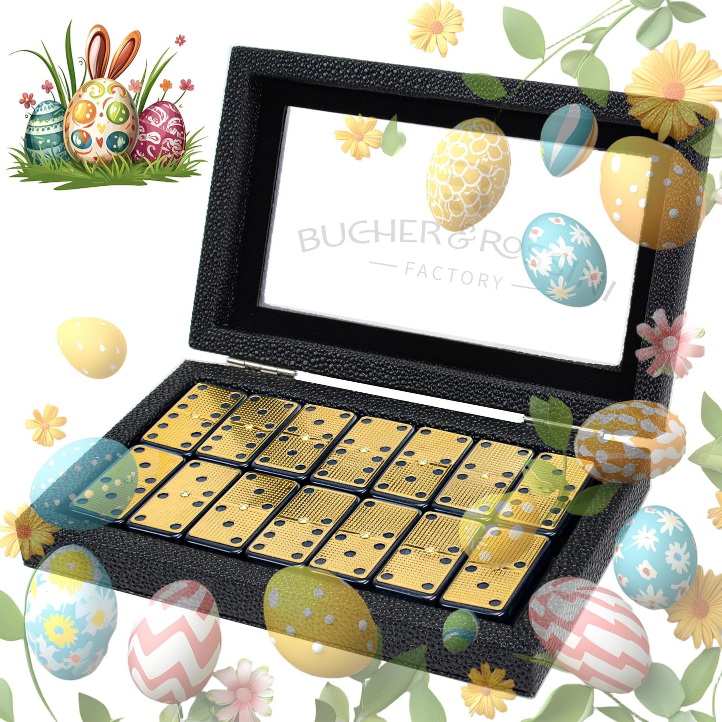 Bucher&Rossini Metal Surface Dominoes Set – Double 6, Gold Finish for Family Game Night