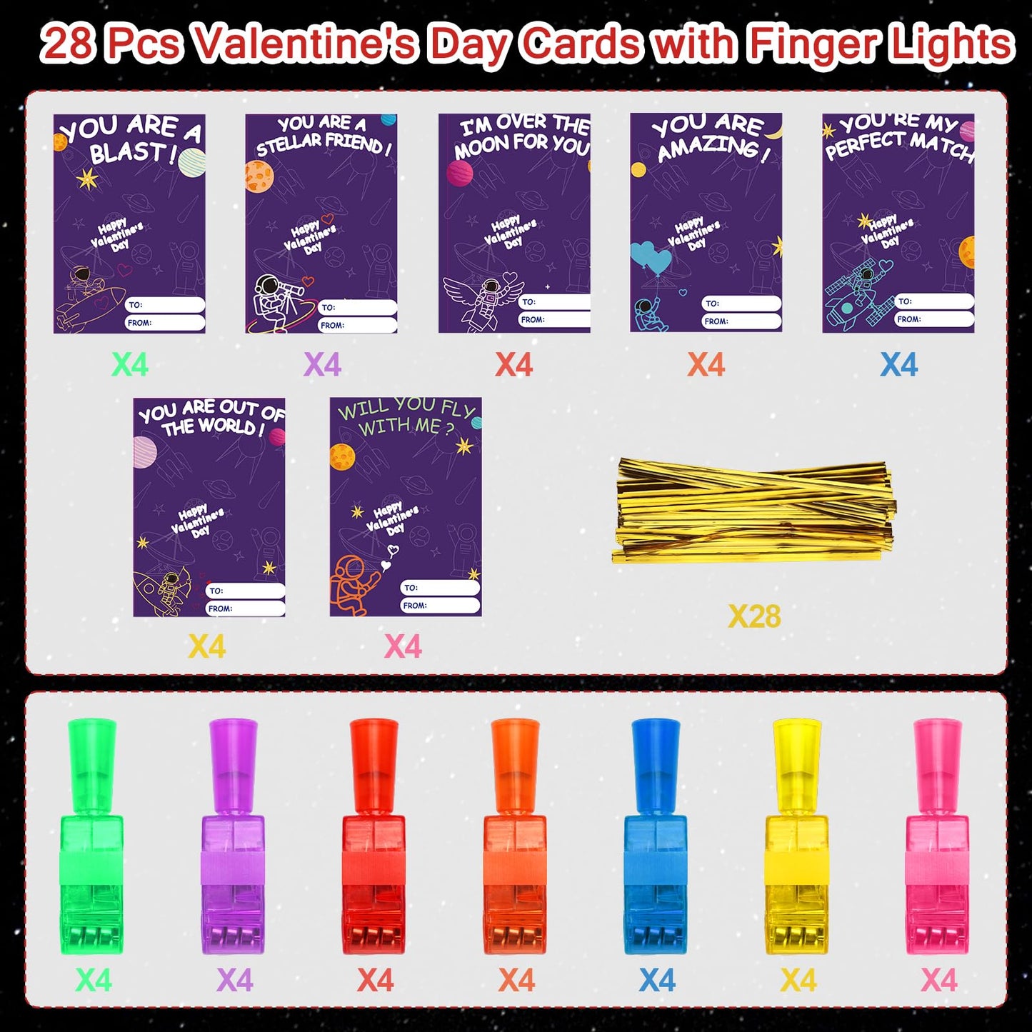 Budbof 28-Pack LED Finger Lights & Valentines Cards for Classroom Gifts