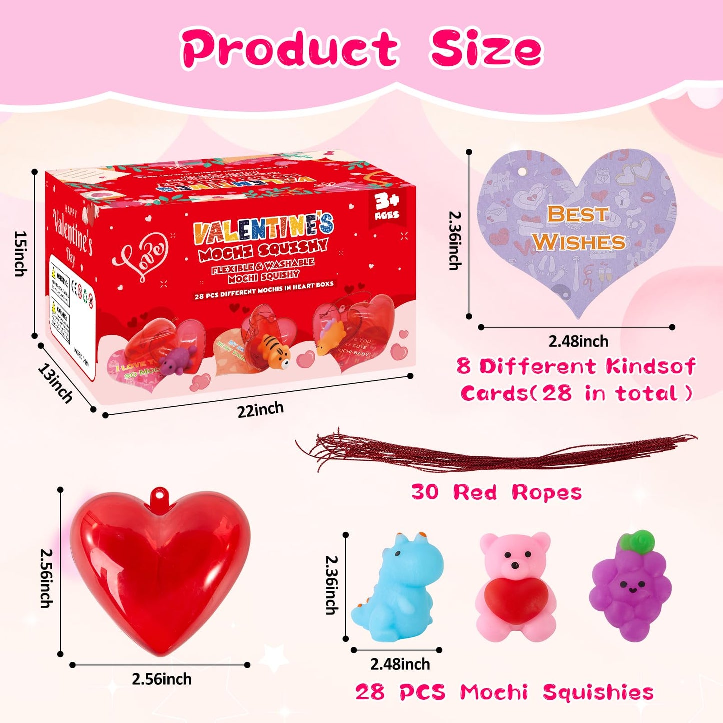 Budbof 28-Pack Valentines Day Gifts for Kids – Mochi Squishy Toys, Cards & Heart Boxes