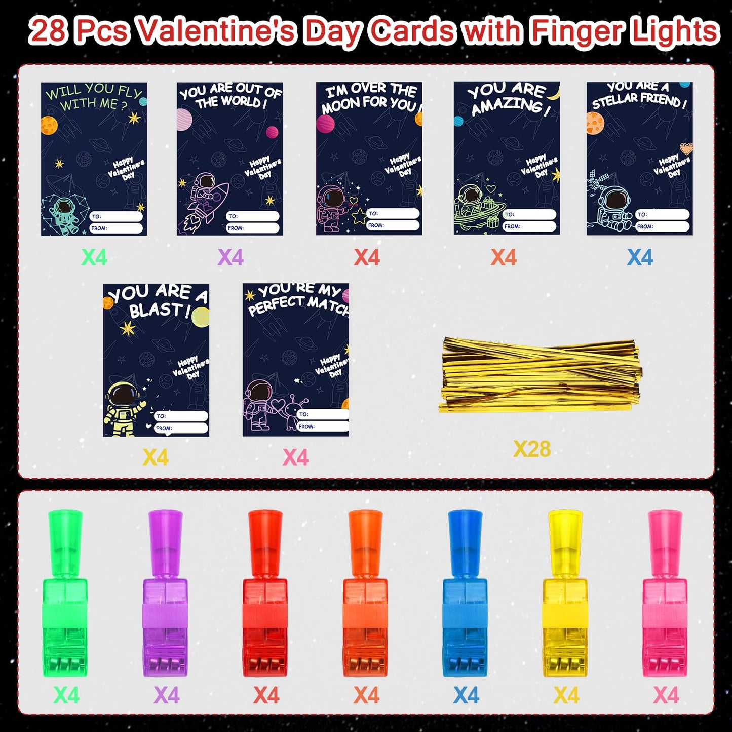 Budbof 28-Pack Valentines LED Finger Lights with Cards | Classroom Party Favors