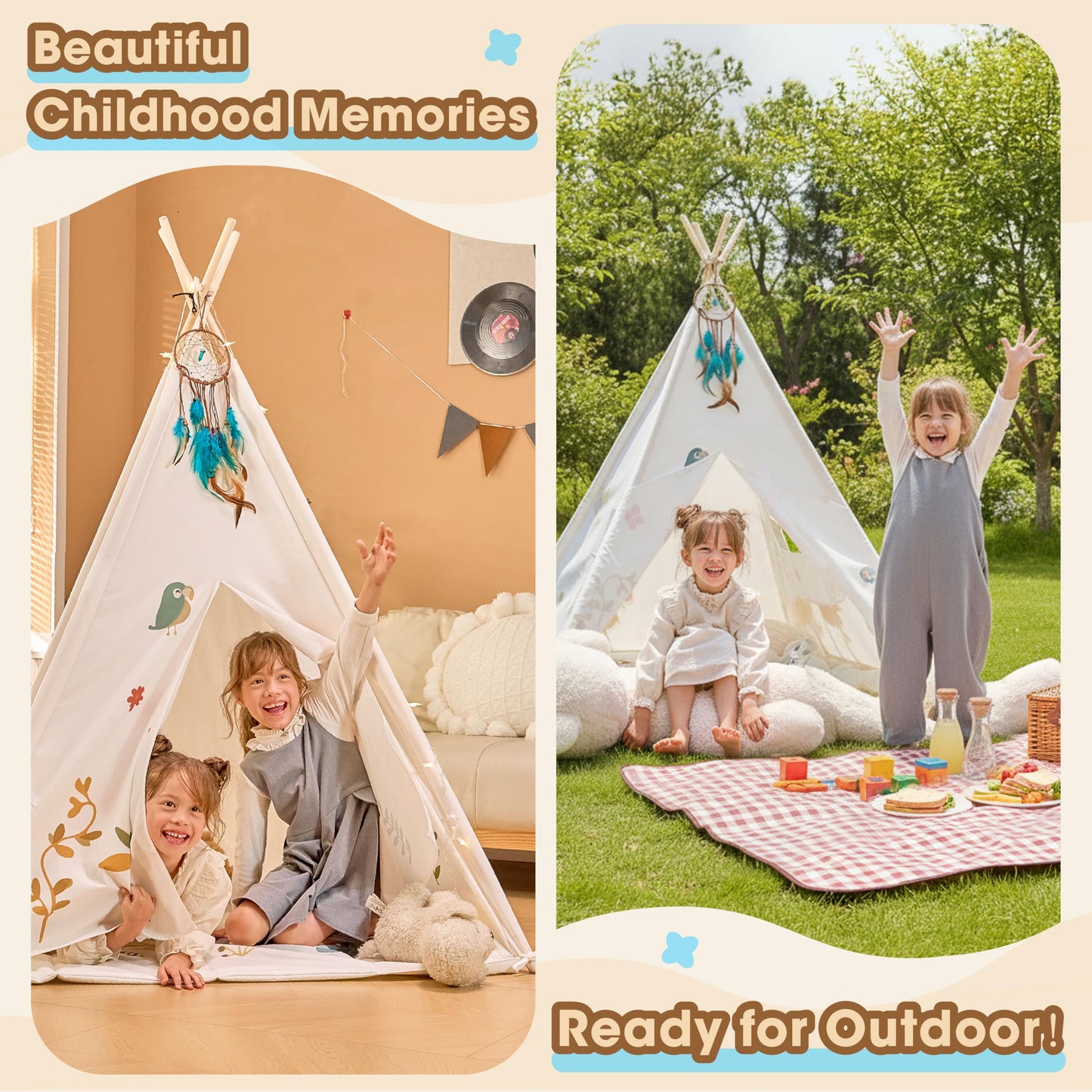 BUDDGO Teepee Tent for Kids – Dream Catcher, Colorful Flags, Thick Mat & Storage Pockets