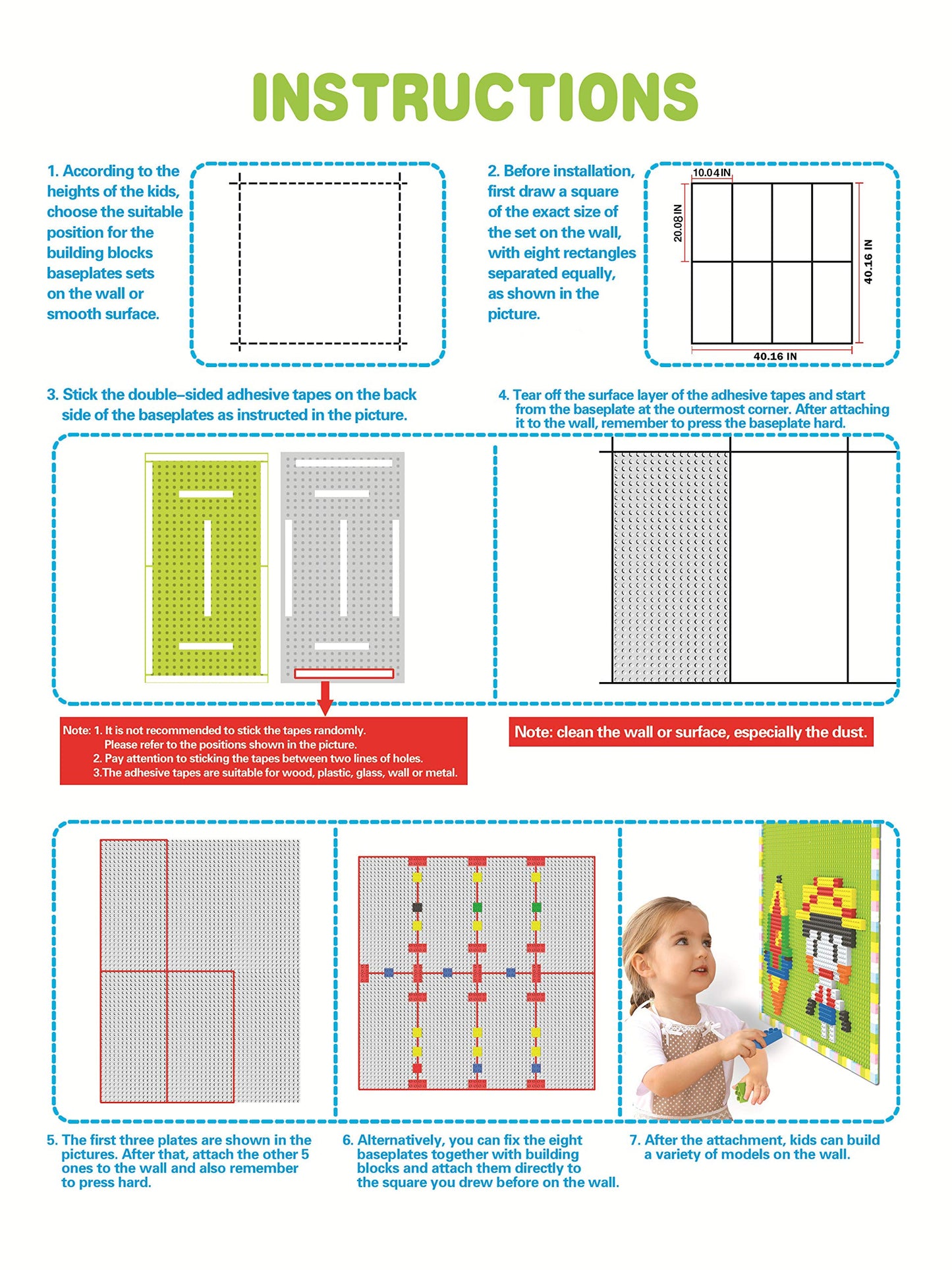 Burgkidz Build On Wall or Table - 8-Pack Green Base Plates + 444 Bricks, Major Brand Compatible