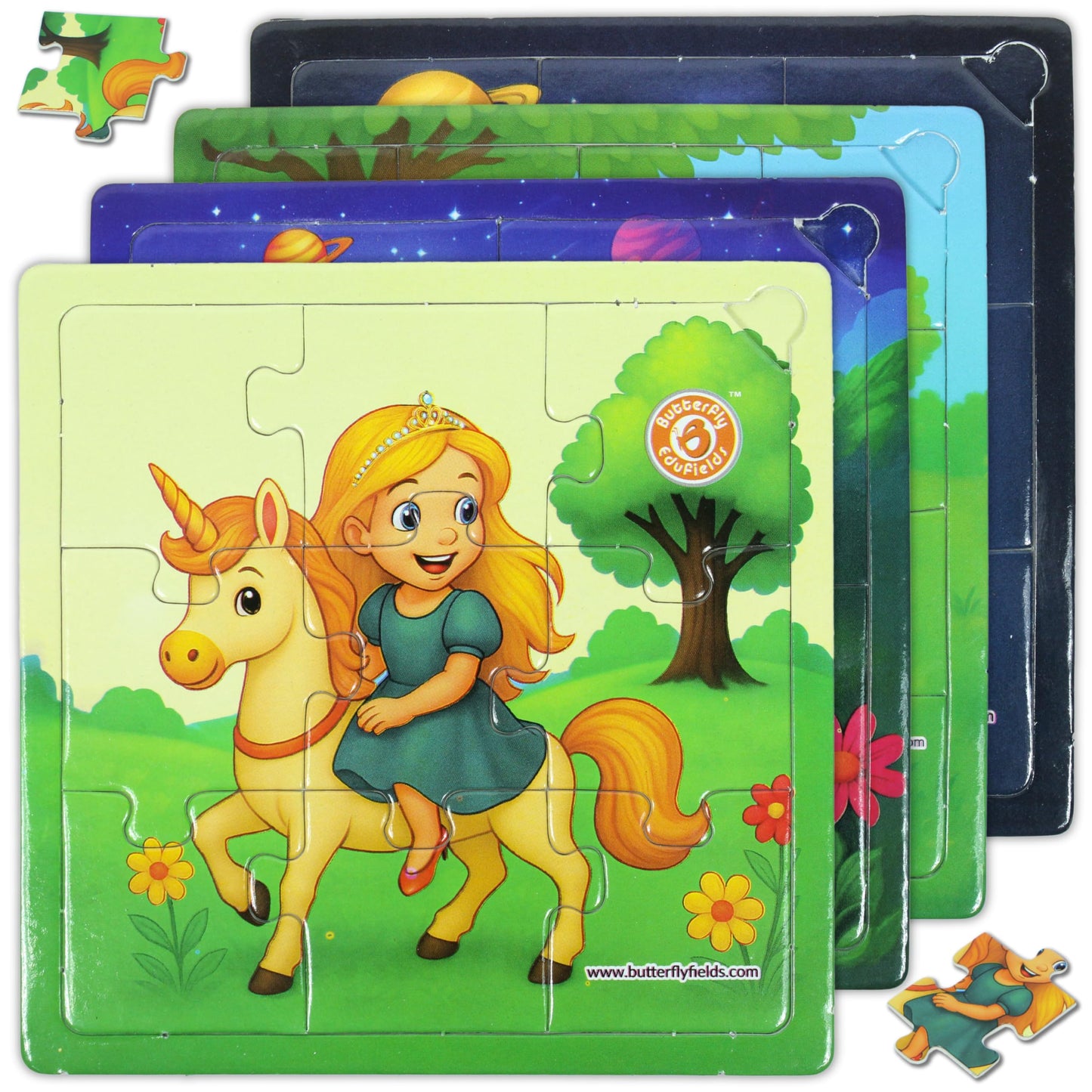 Butterfly EduFields 4-in-1 Puzzles – Princess, Unicorn, Mermaid & Fairy for Girls 3-5 | Toddler Jigsaw Set