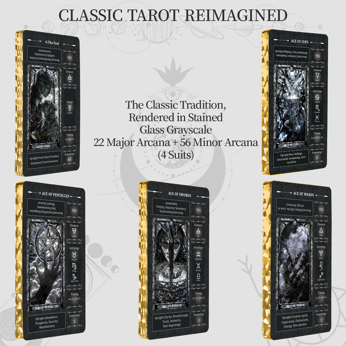 BWTY Black Stained Glass Tarot Deck for Beginners | 78 Cards, 400GSM, Gold Edges