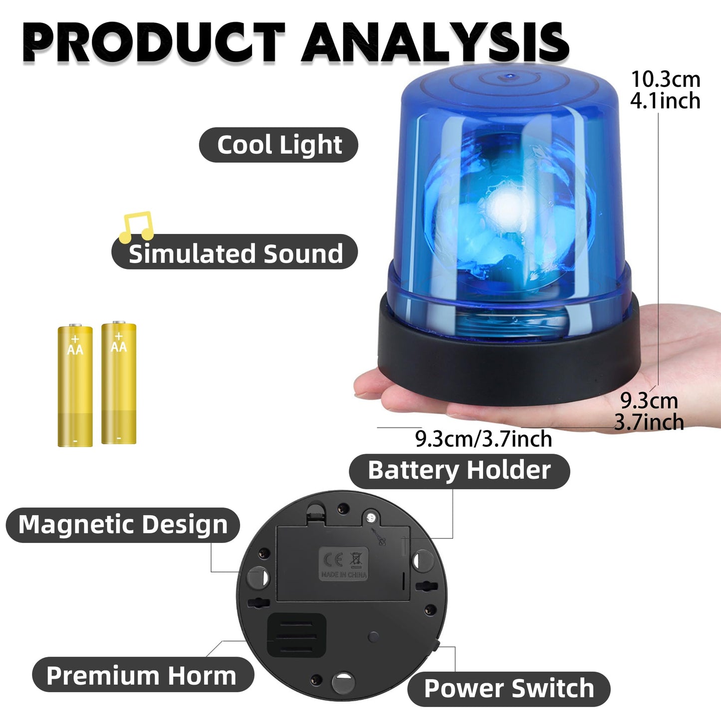 BYTEWAR Blue Police Beacon Light Toy - Spinning Effects & Realistic Siren for Kids 3+