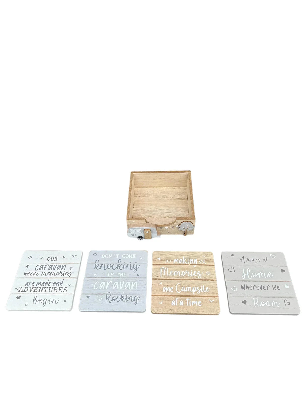 Wooden Caravan Theme Drinks Coasters Set DONT COME KNOCKING IF CARAVAN IS ROCKING