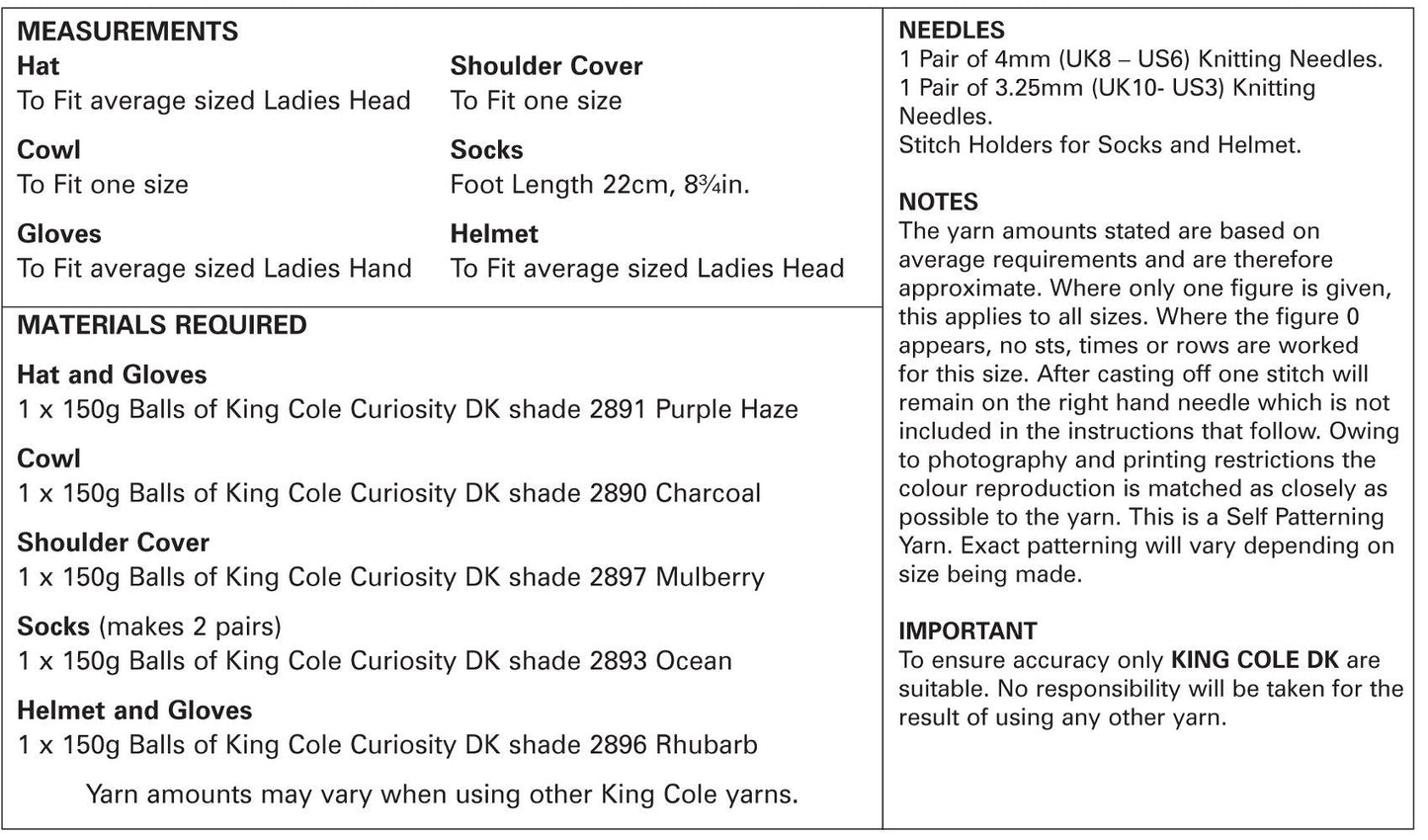 King Cole 5147 Knitting Pattern Hat Cowl Gloves Shoulder Cover Socks and Helmet in Curiosity DK