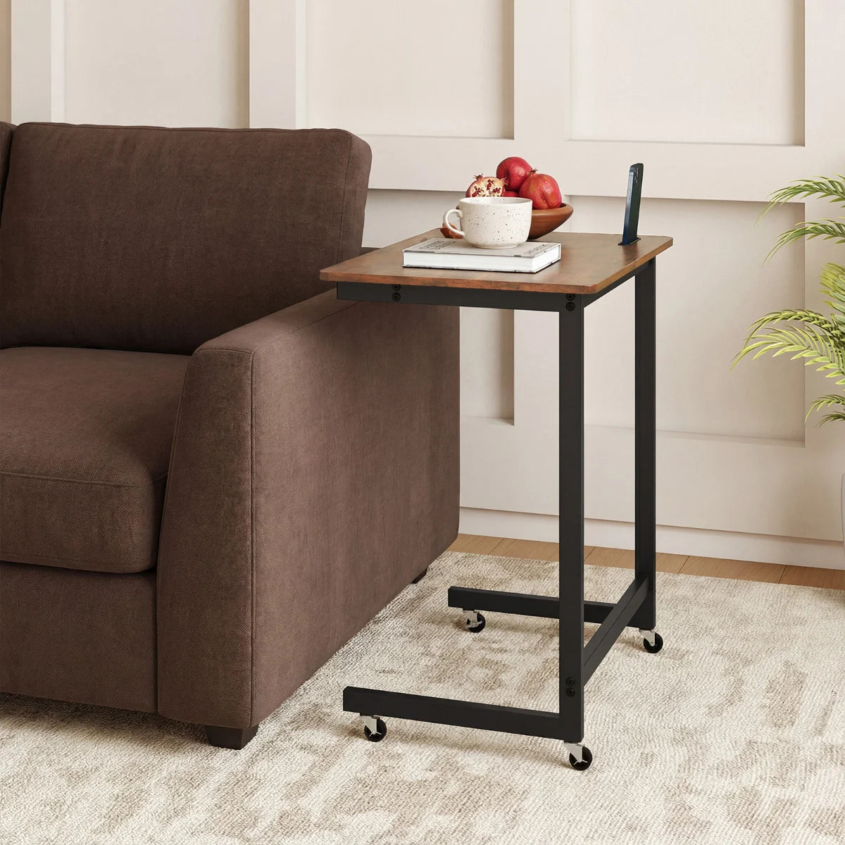 C-shaped End Table with Wheels Mobile Bedside Table with Built-in Phone Slot-Rustic Brown