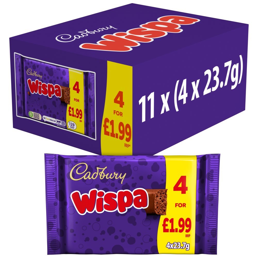 Cadbury Wispa Chocolate Bar 4 Pack Multipack 94.8g (Case of 11 Total 44 Bars)