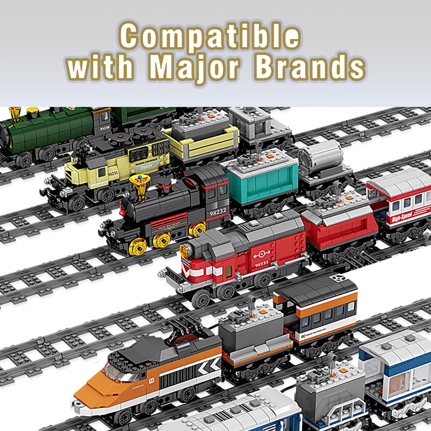 CALMDR 202 Pcs City Train Tracks Set — Compatible with Lego, Uphill/Downhill Bridge (6+)