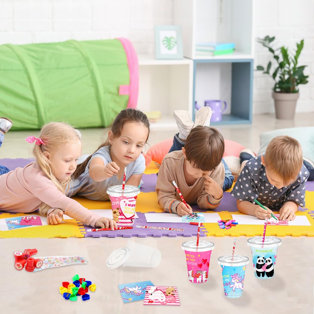 CAMIRUS Valentines Day Stationery Set for Kids — 24-Pack Classroom Gift with Cards, Cups, Pencils, Erasers, Stamps, and More