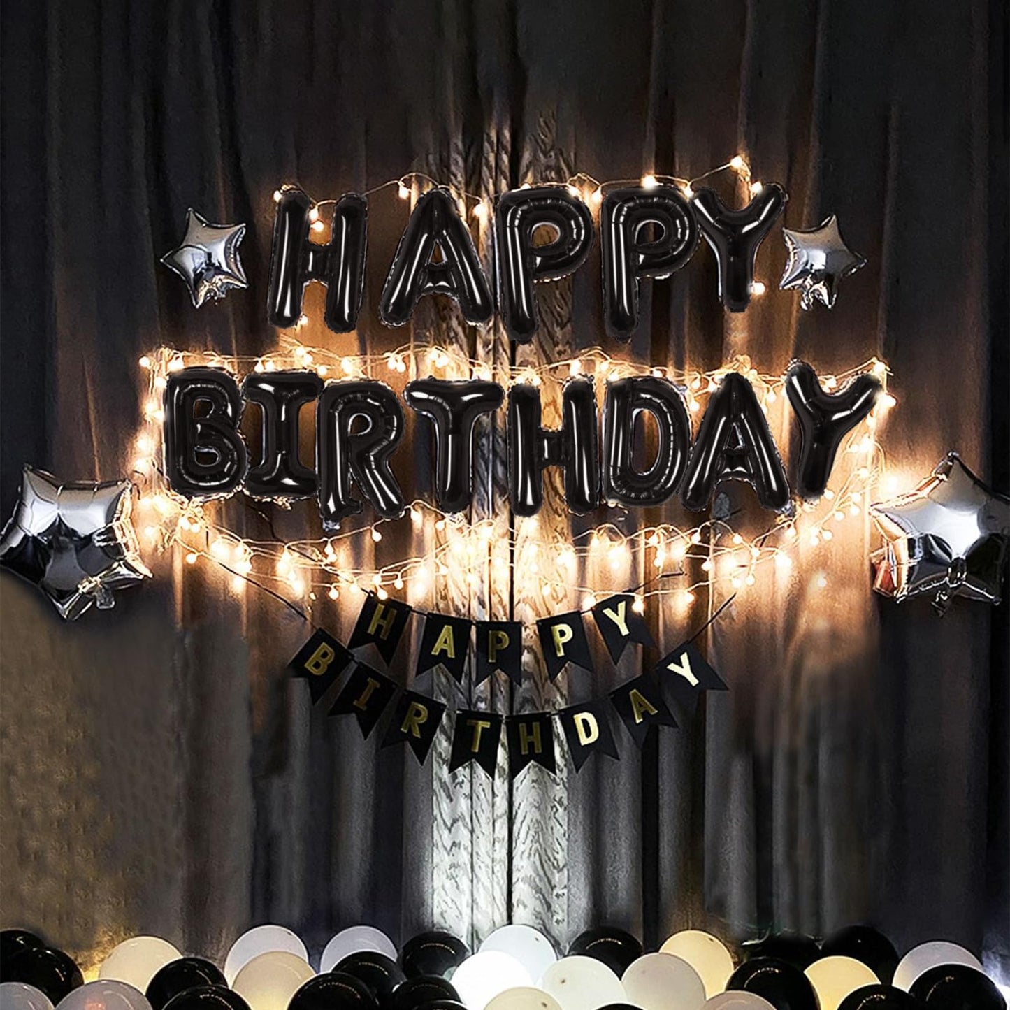 CANREVEL Happy Birthday Banner - 13pc 16-Inch Black Foil Letters with LED Lights