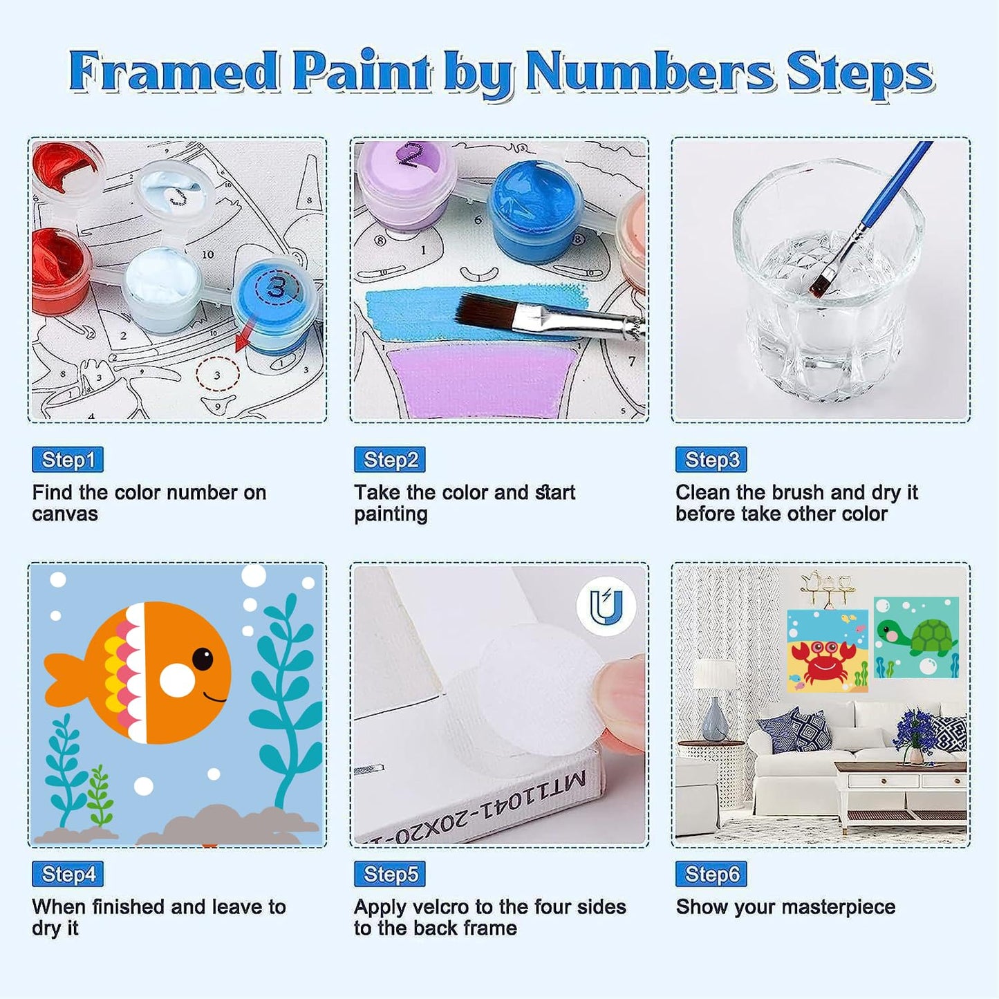 Canrichshop 4 Pack Framed Paint by Numbers Kit for Kids – 8x8 inch, Sea Animals, Easy Beginner Painting